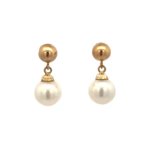 A pair of 14 karat yellow gold estate vintage pearl drop earrings