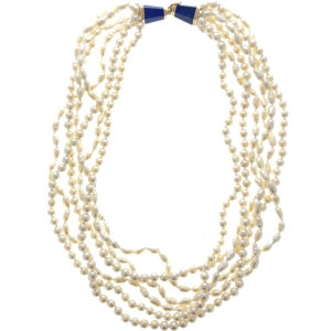 An estate six-strand pearl necklace with lapis lazuli accents near the clasp area