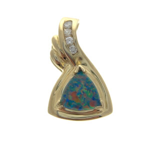 An estate 14 karat yellow gold with a triangle opal triple and round diamonds in the bail