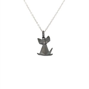 A sterling silver origami-style cat pendant with black rhodium plating, a satin finish, and diamond eyes on a sterling silver chain