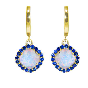 A pair of 14 karat yellow gold huggie hoop drop earrings with cushion-shaped faceted opals surrounded by halos of round blue sapphires