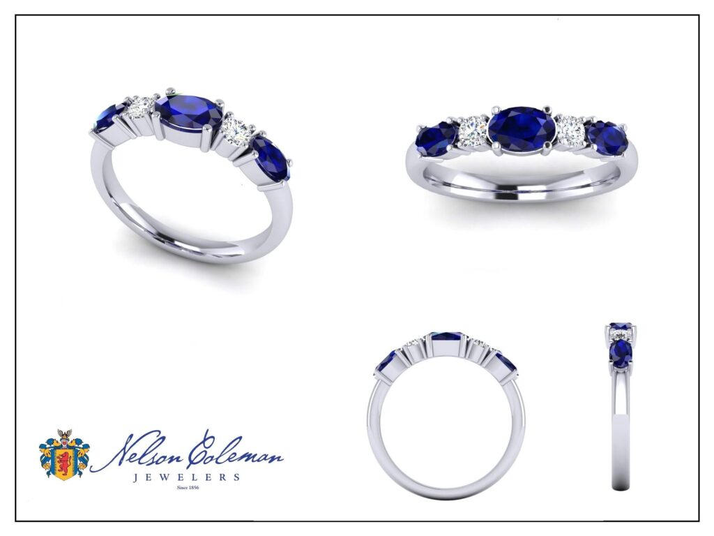 A CAD drawing of a custom design blue sapphire and diamond band