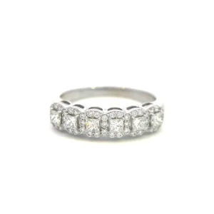 One estate 18 karat white gold fashion band or anniversary band set with 6 princess-cut diamonds surrounded by halos of round brilliant diamonds