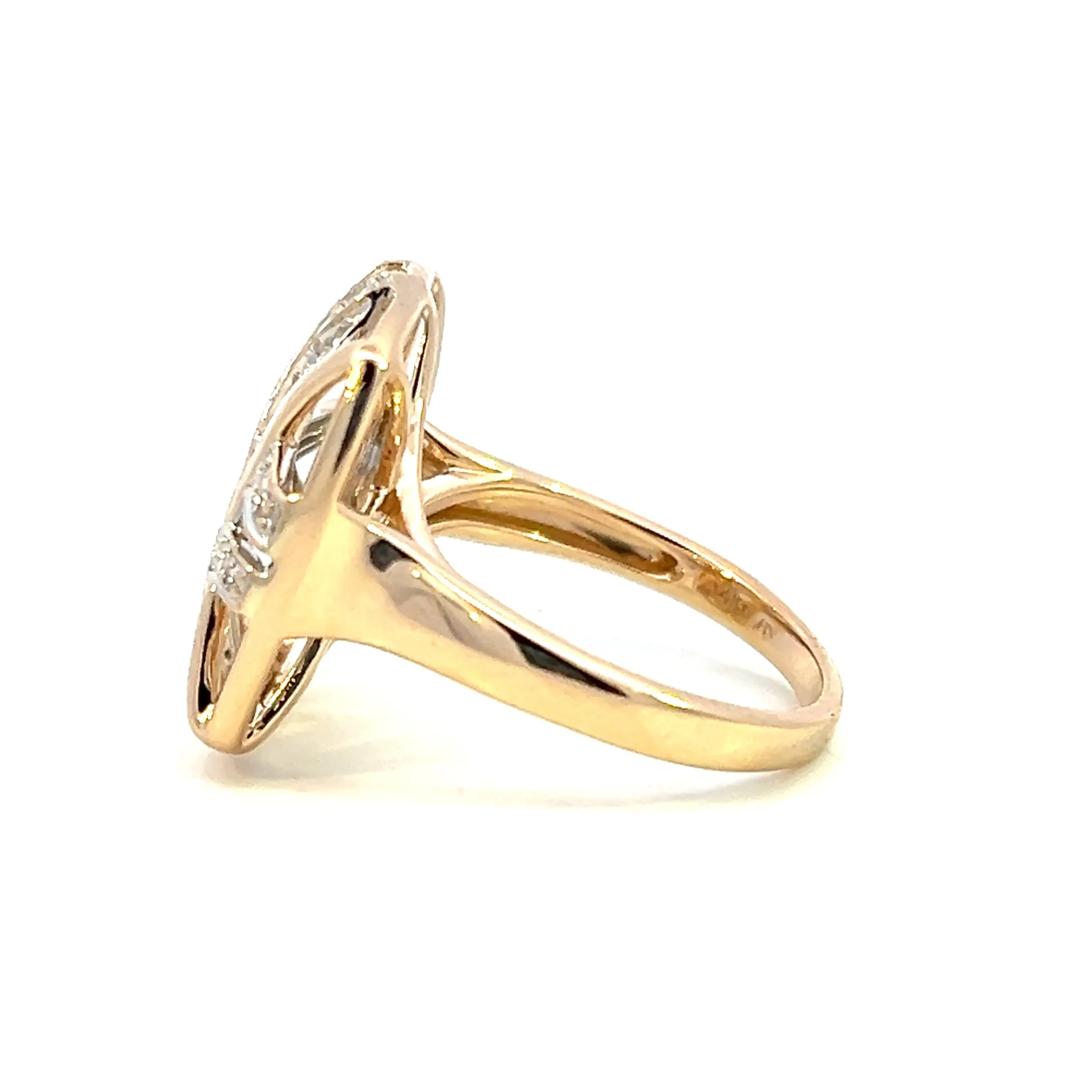 One estate 14 karat yellow gold open cushion shaped ring with overlapping wire designs set with 29 round brillant diamonds weighing 0.33 total carat weight. Four wire strands are set with diamonds while 2 are polished.