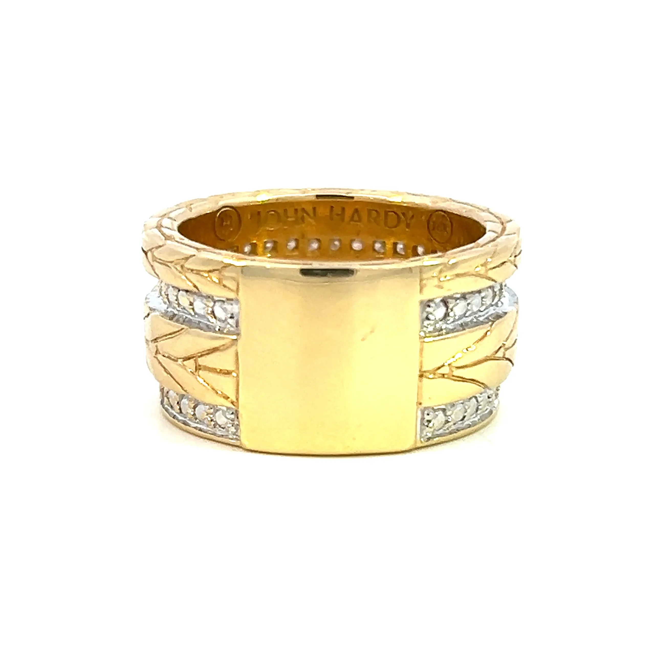 estate 18 karat yellow and white gold 11mm wide band set with engraved leaf designs in yellow gold and 50 round brilliant diamonds weighing 0.50 total carat weight in inset white gold in two offset strand on the band.