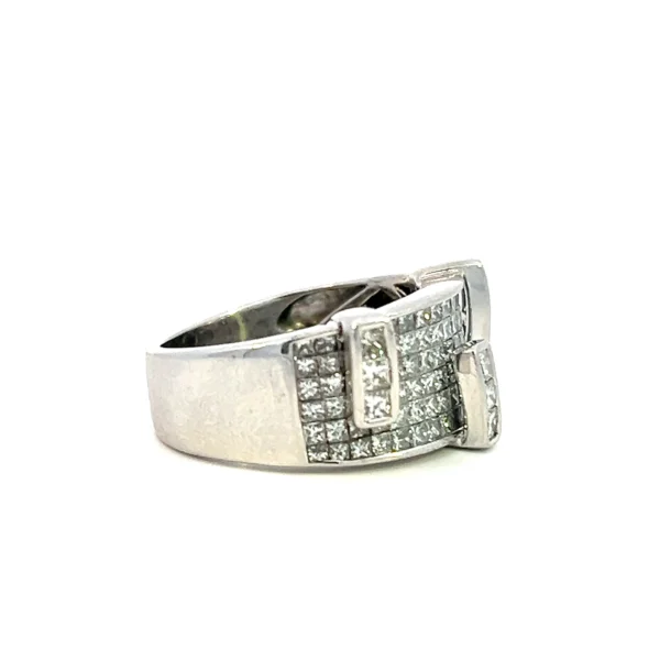 One estate 14 karat white gold men's diamond band containing 106 princess-cut diamonds in invisible settings with three rectangle sections protruding from the design each with 3 invisible-set princess-cut diamonds