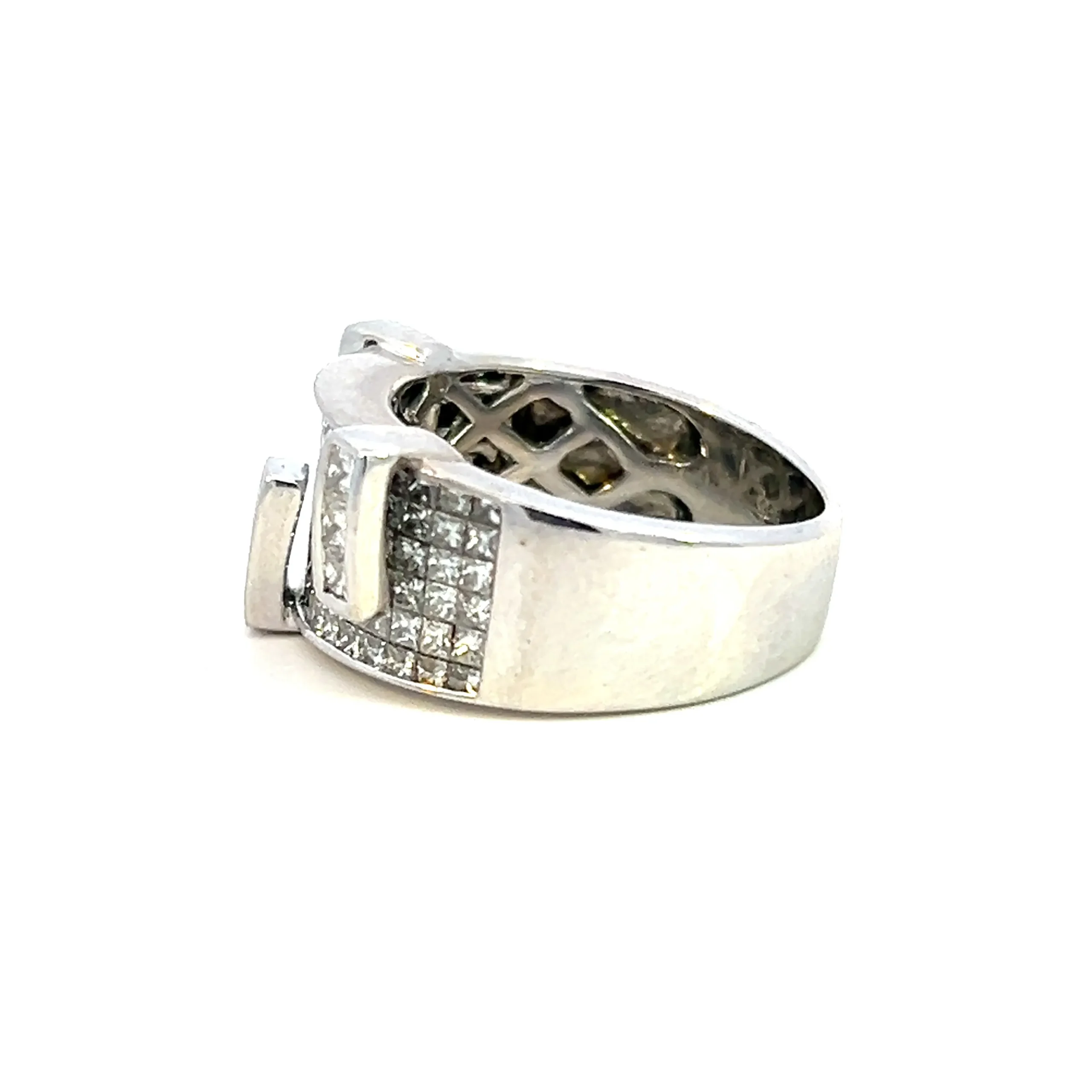 One estate 14 karat white gold men's diamond band containing 106 princess-cut diamonds in invisible settings with three rectangle sections protruding from the design each with 3 invisible-set princess-cut diamonds