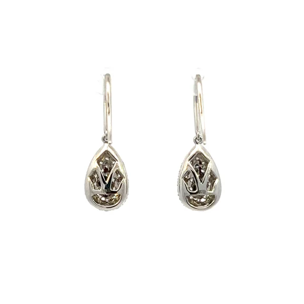 One pair of estate 18 karat white gold pear-shaped drop earrings set with clusters of round brilliant diamonds weighing 1.18 carats total weight