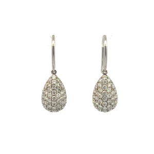 One pair of estate 18 karat white gold pear-shaped drop earrings set with clusters of round brilliant diamonds weighing 1.18 carats total weight