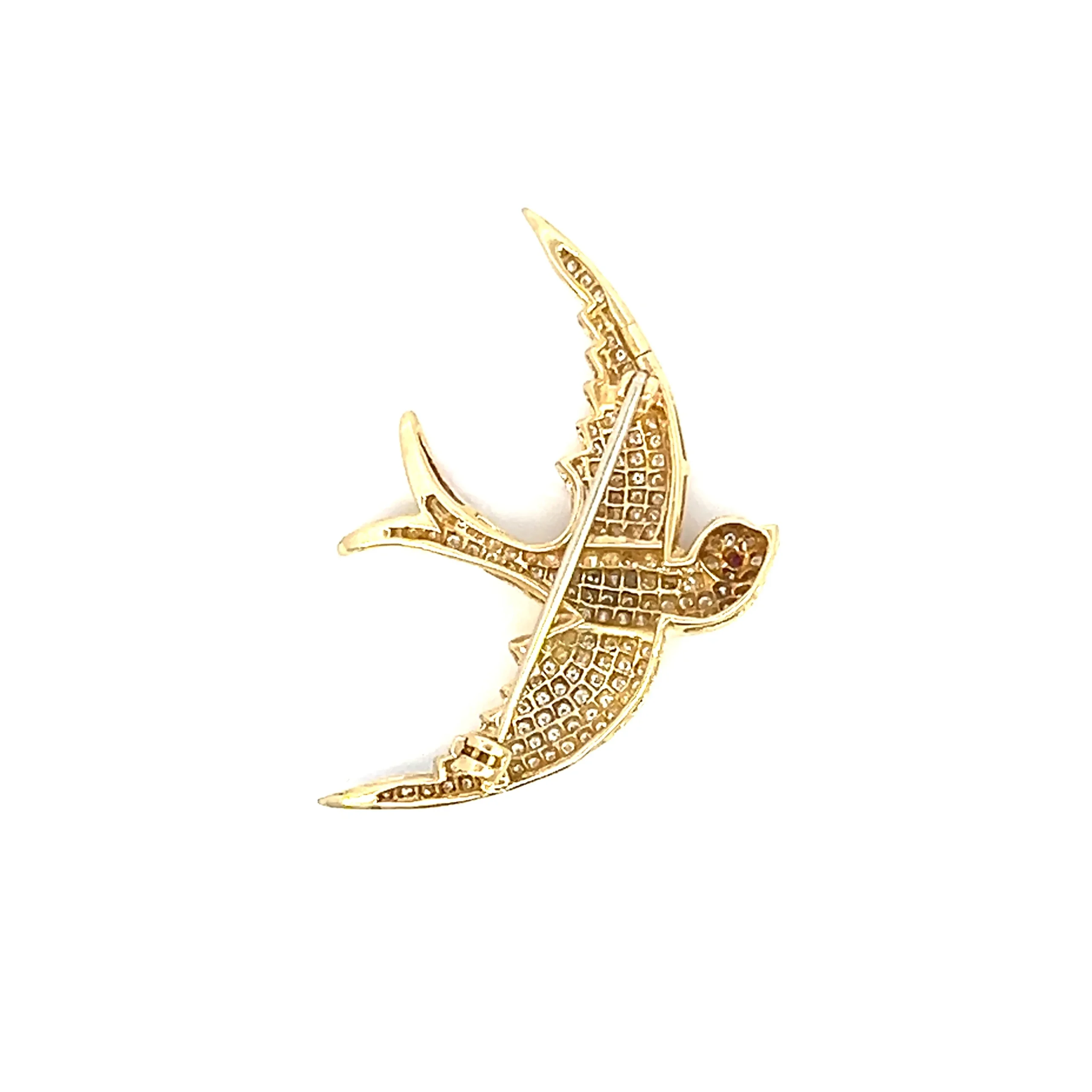 estate 18 karat yellow gold flying bird brooch set with 173 round brilliant diamonds approximately 1.50 total carat weight and 1 round 1mm ruby set at the bird's eye.