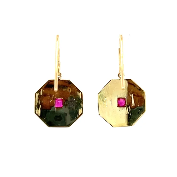 One estate pair of platinum and 14 karat diamond solitaire drop earrings with each earring featuring 1 square-shaped faceted ruby measuring 2mm each set in octagon-shaped platinum discs with textured designs and 14 karat yellow gold shepherd hook wires. please write a product description. the earrings are from the 1920s