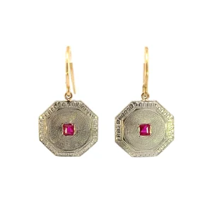One estate pair of platinum and 14 karat diamond solitaire drop earrings with each earring featuring 1 square-shaped faceted ruby measuring 2mm each set in octagon-shaped platinum discs with textured designs and 14 karat yellow gold shepherd hook wires. please write a product description. the earrings are from the 1920s