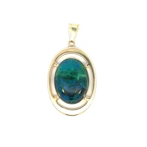 One estate 14 karat yellow gold oval-shaped pendant set with one oval cabochon azurite and malachite measuring 20x15.5mm.