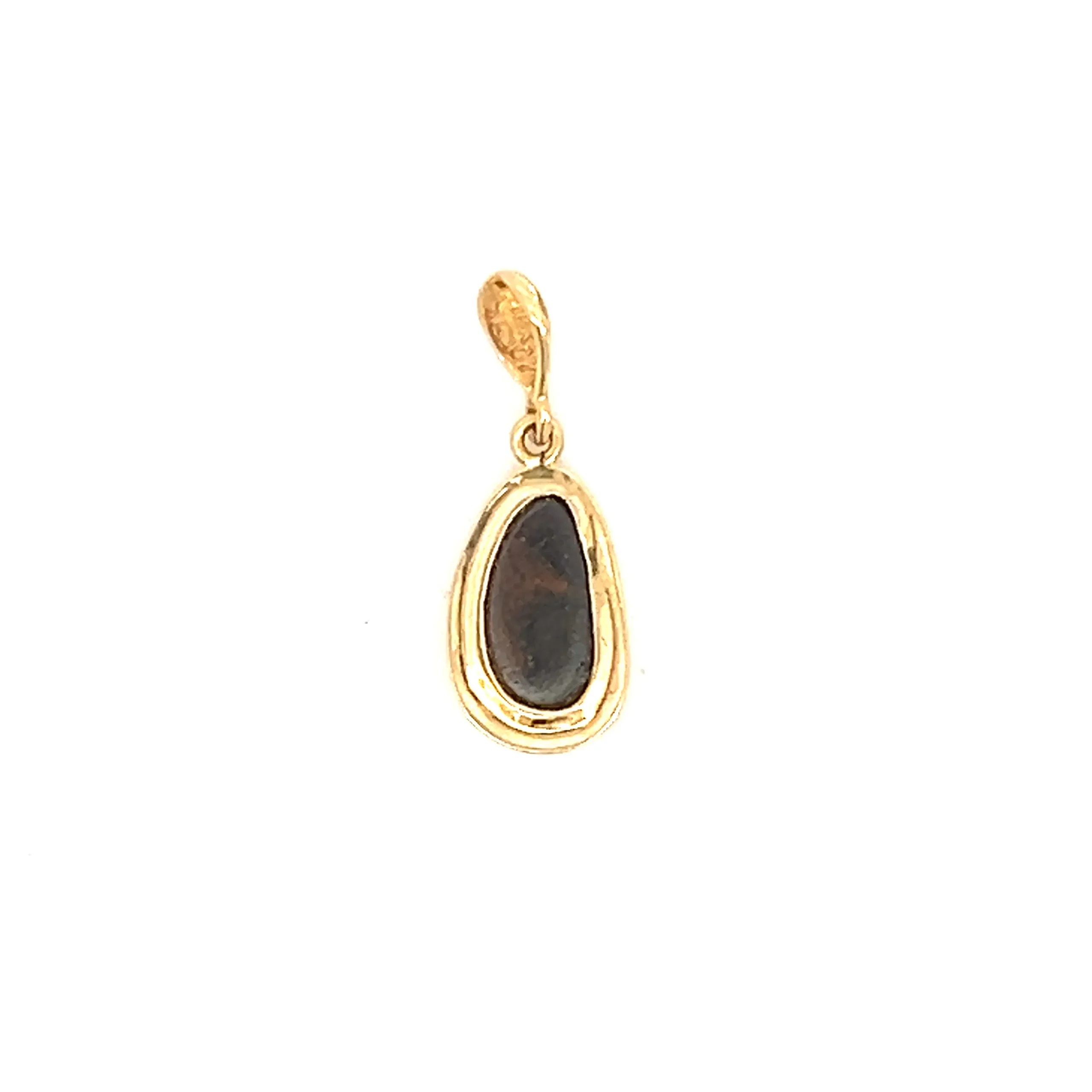 One estate 18 karat yellow gold pendant with an asymmetrical oval cabochon opal with a blue and green color measuring 10.5x6.8mm in a bezel setting. the entire pendant measures 23x8.5mm.