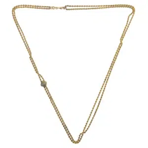 One yellow gold-filled twin rope chain necklace measuring 54" long with an off-set pendant set with 3 seed pearls and a dog clip clasp