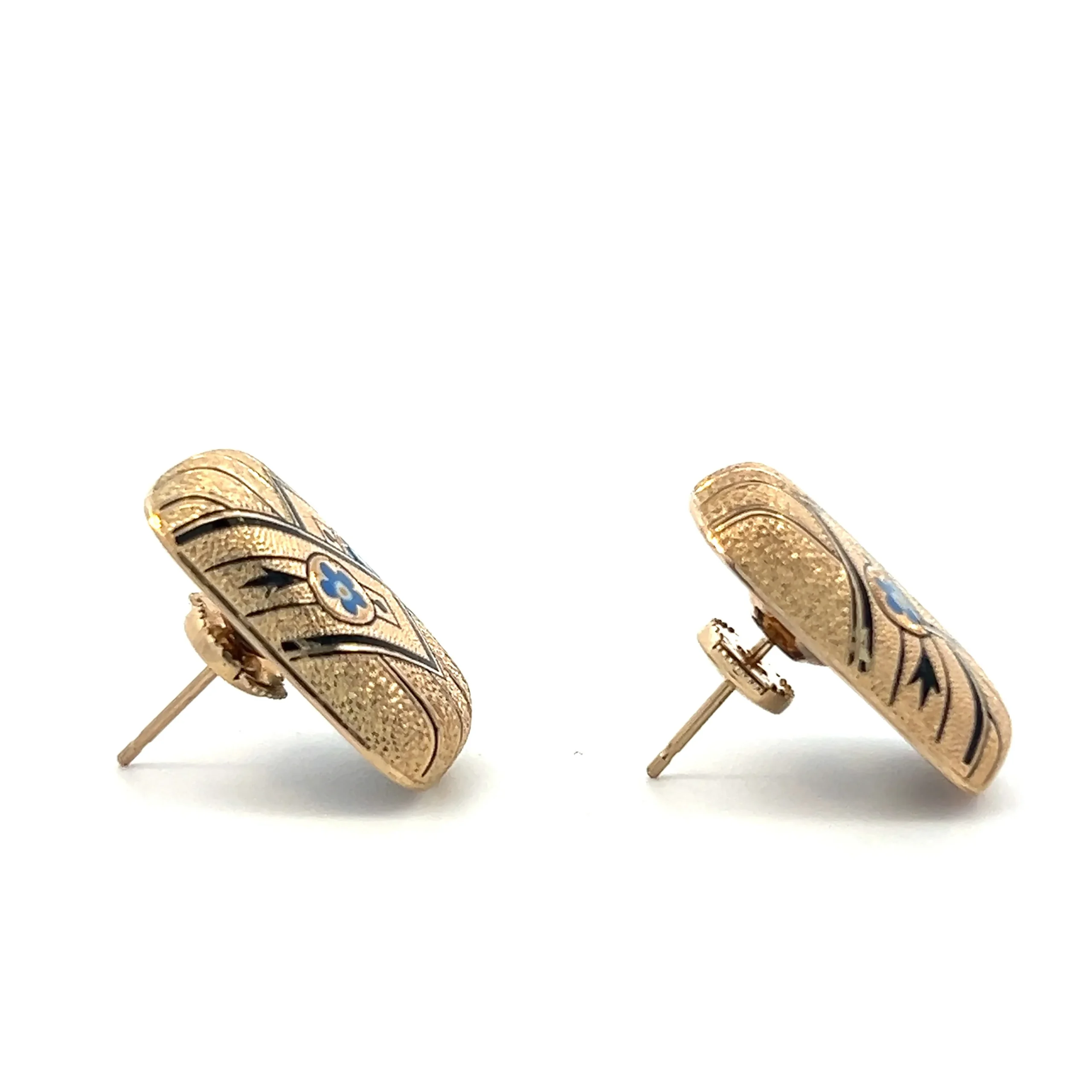 One pair of estate 14 karat yellow gold rectangle-shaped stud earrings with enamel accents. There are geometrical motif black enamel accents and blue and white enamel floral accents. The earrings are vintage from the 1940s.