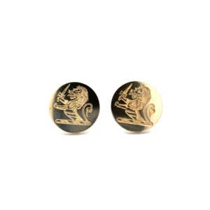 One pair of estate 14 karat yellow gold round disc stud earrings with hand-engraved heraldic lion designs with friction posts and backs. Each earring measures 15mm round. The earrings are vintage from the 1950s.
