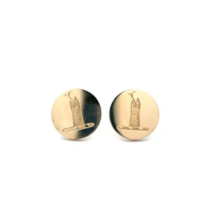 One pair of estate 14 karat yellow gold round disc stud earrings with hand-engraved heraldic snake designs with friction posts and backs. Each earring measures 15mm round. The earrings are vintage from the 1950s.