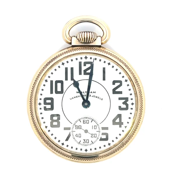 One estate 14 karat yellow gold Estate Waltham Vanguard 23 Jewel Railway Pocket Watch with a white dial, black Arabic hour numerals, and a black two-hand movement