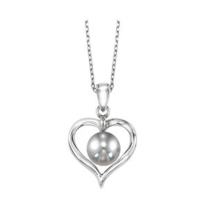 One sterling silver pendant necklace with a polished open heart and a silver pearl placed in the center