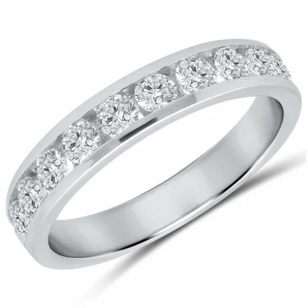 A white gold wedding-style band featuring 11 round brilliant diamonds in a channel setting