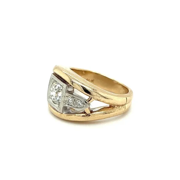 One estate 14 karat yellow and white gold custom design ring set with one old European cut diamond weighing 0.76 carat and 4 single cut accent diamonds. The diamonds are set in an authentic 1940s Retro design mounting, assembled to a 1980s wide 14 karat yellow gold insert ring.