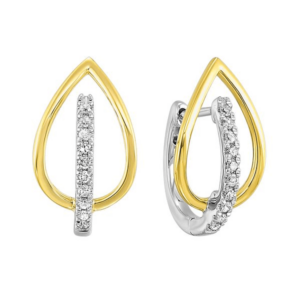 One pair of 10 karat gold earrings with a white gold huggie hoop set with diamonds and a yellow gold pear-shaped accent