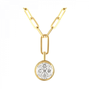 One 14 karat yellow gold paperclip chain necklace with a round pendant containing 9 round brilliant diamonds weighing 0.36 carat total weight in a cluster in white gold prongs. The necklace measures 17" long.