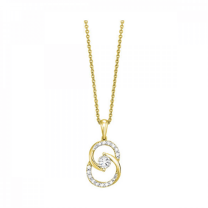 One 10 karat yellow gold pendant necklace featuring a spiral design pendant set with round brilliant diamonds weighing 0.27 carat total weight with one center diamond in a white gold illusion setting and the remainder of the diamonds set in the curves of the figure-eight spiral. The pendant is suspended from a 17" long chain.