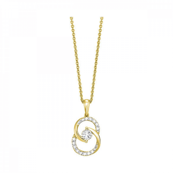 One 10 karat yellow gold pendant necklace featuring a spiral design pendant set with round brilliant diamonds weighing 0.27 carat total weight with one center diamond in a white gold illusion setting and the remainder of the diamonds set in the curves of the figure-eight spiral. The pendant is suspended from a 17" long chain.