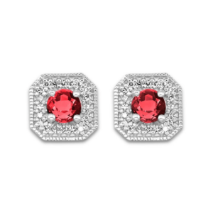 A pair of 10 karat white gold cushion-shaped stud earrings with 2 round faceted garnets weighing 0.58 carat total weight with round diamonds in a halo around each garnet with milgrain details