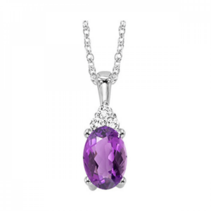 One 10 karat white gold pendant necklace with an oval-shaped faceted amethyst weighing 0.40 carat total weight with a cluster of 3 round brilliant diamonds pave-set on the top of the amethyst. The pendant is suspended from a 17" chain.