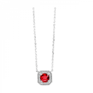 One 10 karat white gold necklace with a cushion-shaped pendant set with a round-faceted garnet weighing 0.60 carat surrounded by a halo of round diamonds weighing 0.11 carat total weight in pave settings. The pendant is fixed on a chain measuring 17" long.