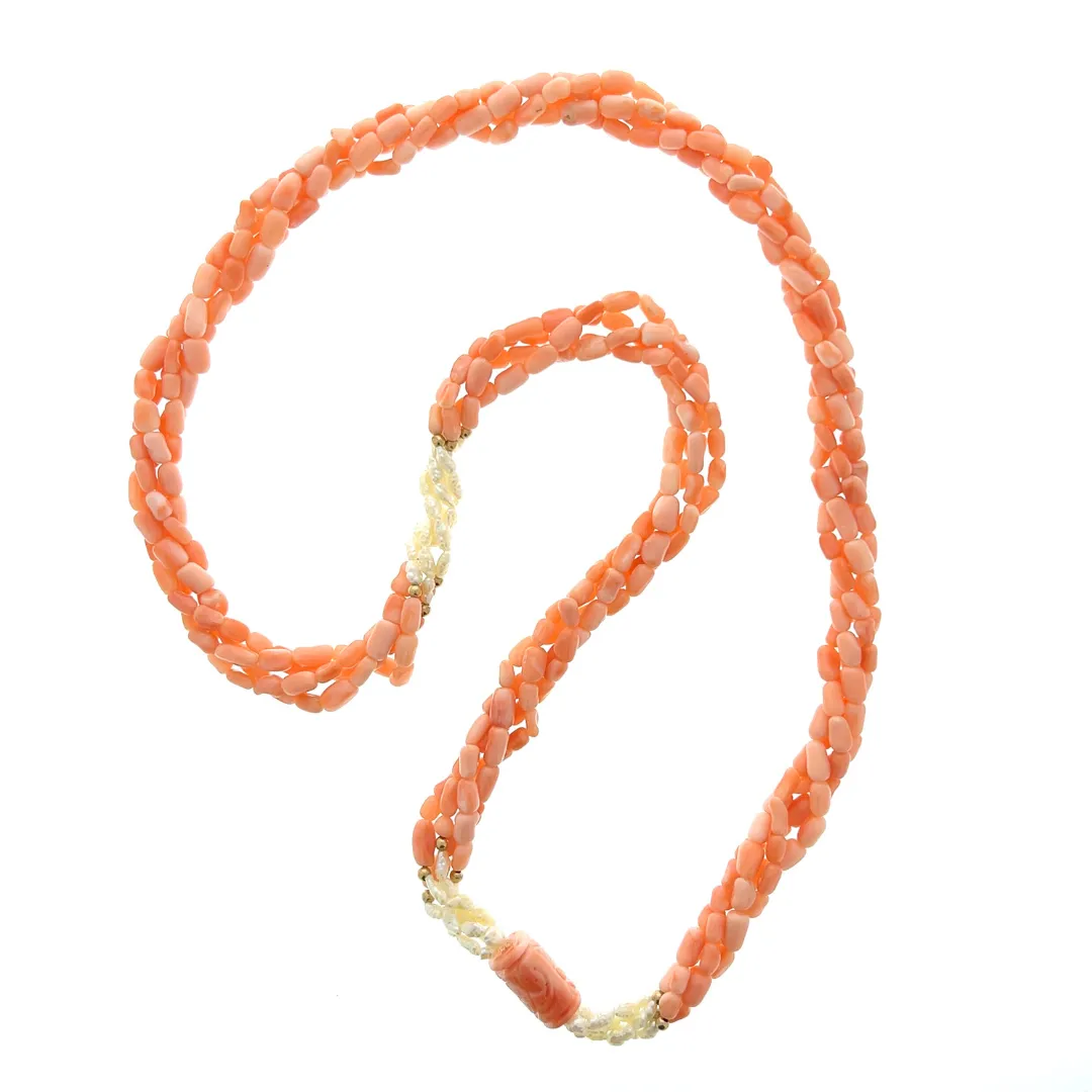 One estate orange coral bead and freshwater pearl necklace
