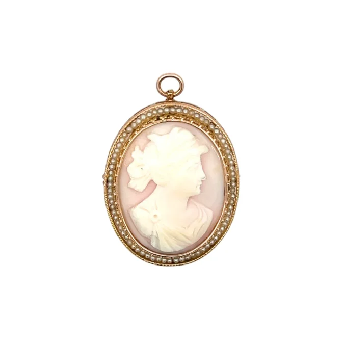 Estate Vintage Pink Cameo and Seed Pearl Pendant/Pin