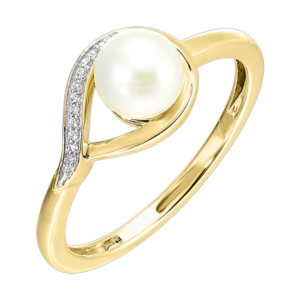 A 14 karat yellow gold fashion ring with a 6mm pearl set in a pear-shaped loop set with diamonds in white gold pave settings