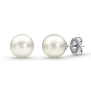 One pair of 14 karat white gold stud earrings with 7.5-8mm freshwater pearls. Secured with friction posts and backs.