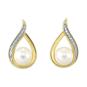 One pair of 14 karat yellow gold open teardrop stud earrings each set with a 5mm pearl and accented with round diamonds in white gold pave settings
