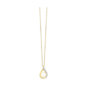A 14 karat yellow gold pendant necklace with an open teardrop pendant set with a round pearl in the center and round diamonds in white gold pave settings in the curve of the teardrop. The pendant is suspended from a 17" chain.