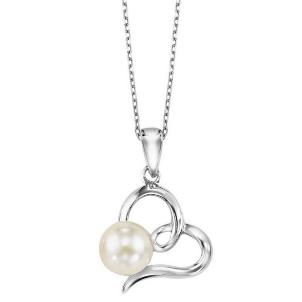A sterling silver pendant necklace with a polished open ribbon heart pendant set with a single round pearl on a 17.5" chain