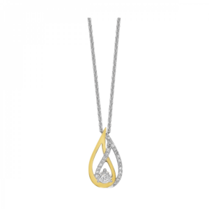 A sterling silver pendant necklace with two overlapping open teardrop shapes, one set with diamonds and one gold-filled. In the center of the overlap is a round diamond in an illusion setting. The pendant is suspended from a 17" sterling silver chain