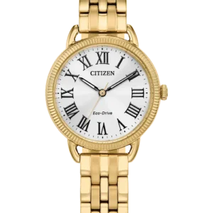 One gold-tone stainless steel Classic Coin Edge Watch featuring a silver-tone white dial, black roman numerals hour markers, and a three-hand movement.