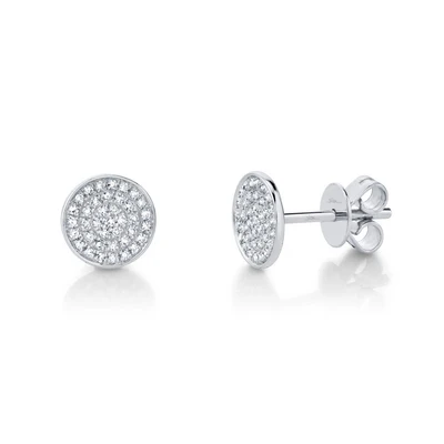 a pair of 14 karat white gold disc stud earrings pave set with single-cut diamonds weighing 0.17 carat total weight