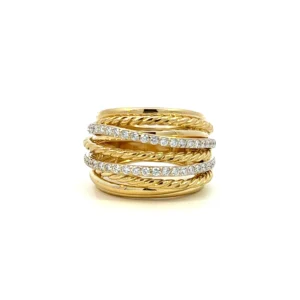 One estate 18 karat gold wire crossover ring with several yellow gold strands with some in rope texture and some with a polished finish and 2 yellow gold strands set with diamonds weighing 0.65 carat total weight.