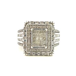 One estate sterling silver diamond cluster ring containing a princess-cut diamonds, round brilliant diamonds, and baguette diamonds with an invisible set cluster in the center surrounded by 2 distinct halos and four rows of diamonds in the band.