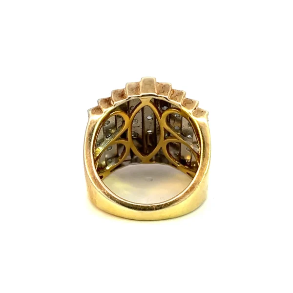 One estate step diamond ring crafted from vermeil containing 45 round diamonds weighing 0.50 carat total weight in a dome style design with steps leading to a pinnacle. There are nine rows with the center row being the highest step.
