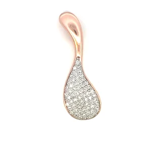 One estate rose gold diamond drop pendant crafted from 14 karat rose gold with a 14 karat white gold inlay where the diamonds are set. The pendant features 62 round brilliant diamonds weighing 0.75 carat total weight. The pendant is an asymmetrical shape with soft curves resembling a teardrop shape.