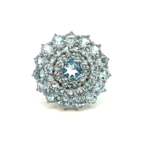 One estate sterling silver cluster ring containing a center round blue topaz surrounded by three-rows of blue topazes. The prong settings on the outside row give the ring a somewhat scalloped appearance resembling a sunburst or floral design.