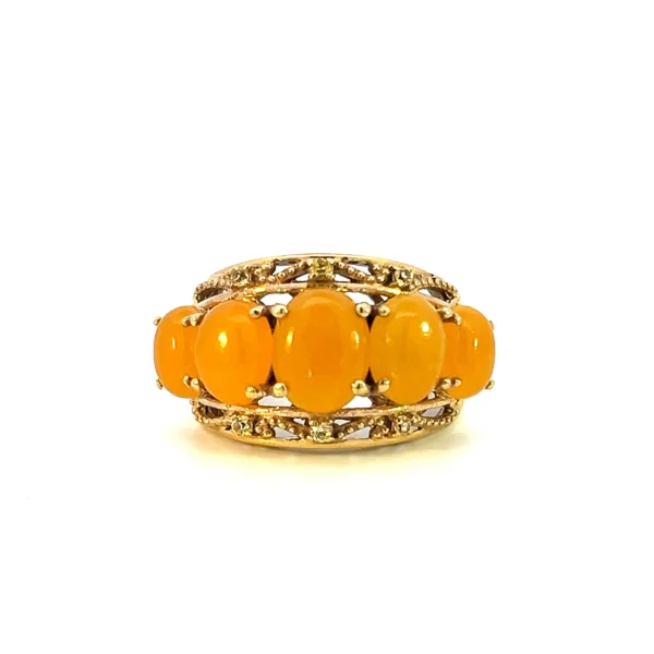 Estate vermeil ring with five oval cabochon dyed golden jades in a graduated design.