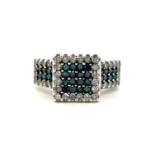 One estate sterling silver cluster ring with a square top. The ring features 28 round brilliant irradiated blue diamonds and 48 round brilliant white diamonds.